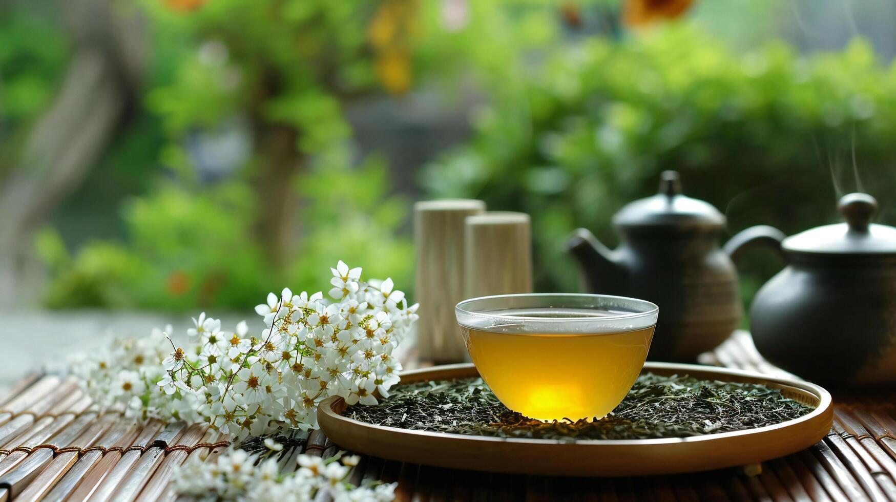 AI generated Serene Tea Setting with Fresh Blossoms in Garden photo