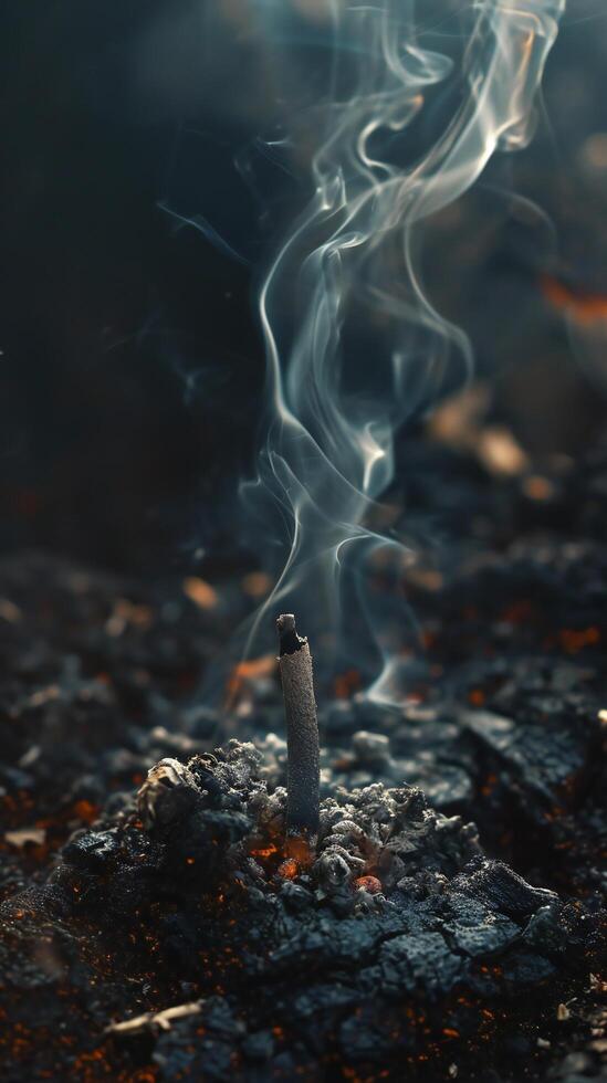 AI generated Single Incense Stick Standing Amidst Charred Embers photo