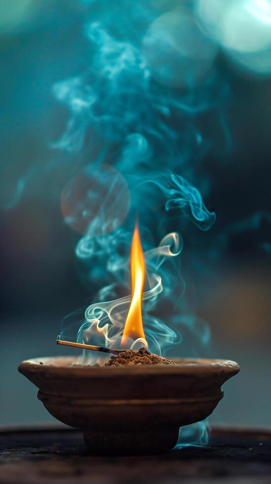 AI generated Ethereal Blue Smoke Dancing Above Fiery Embers photo