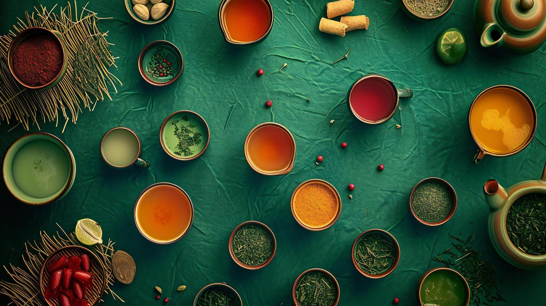 AI generated Aerial View of Diverse Tea Selection on Green Cloth photo