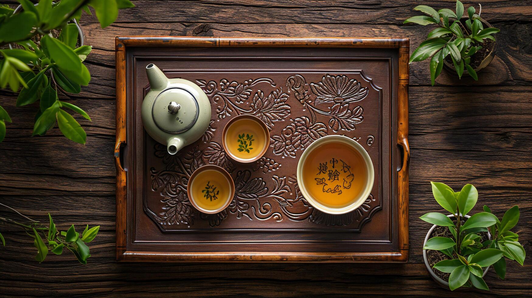 AI generated Elegant Tea Service on Ornate Wooden Tray with Plants photo