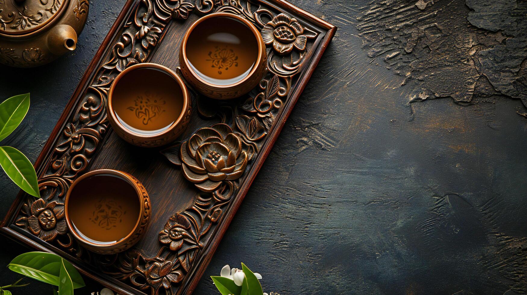 AI generated Exquisite Tea Set on Carved Wooden Tray Dark Background photo