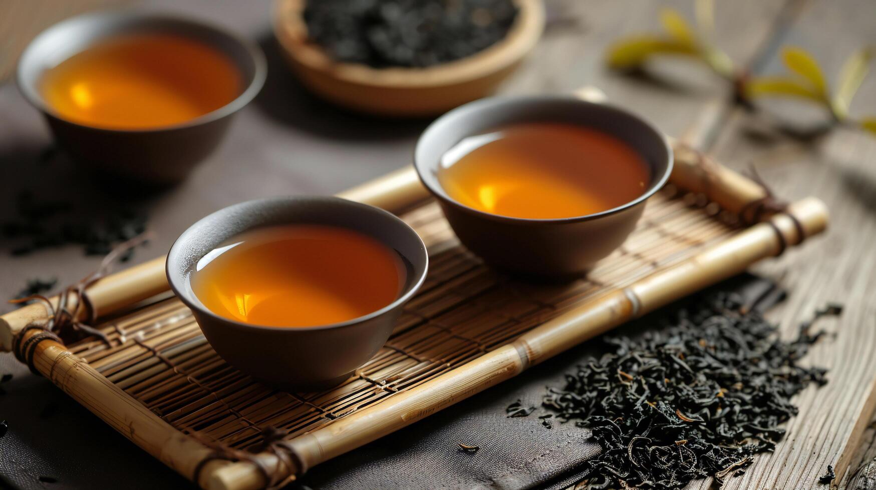 AI generated Warm Tea Trio on Bamboo Mat with Natural Light photo