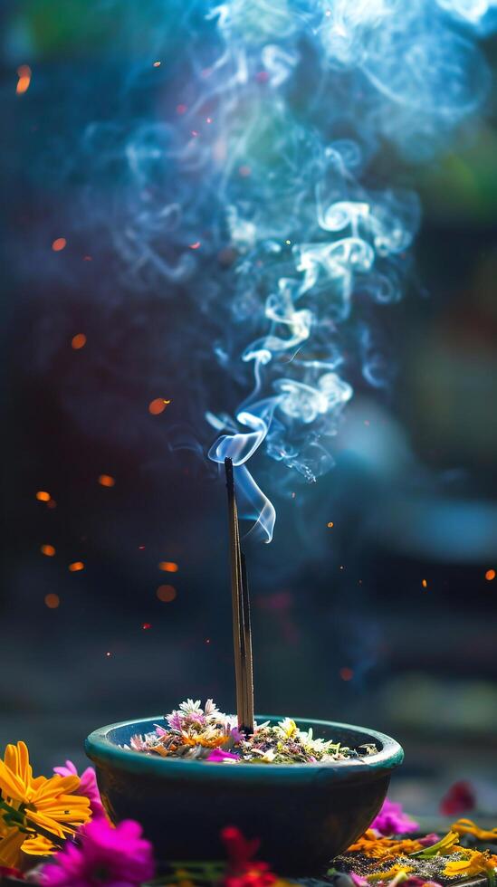 AI generated Ethereal Smoke from Incense Stick Over Flower Offering photo