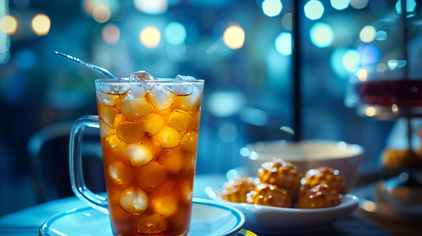 AI generated Iced Tea Glass with Golden Bokeh Background photo