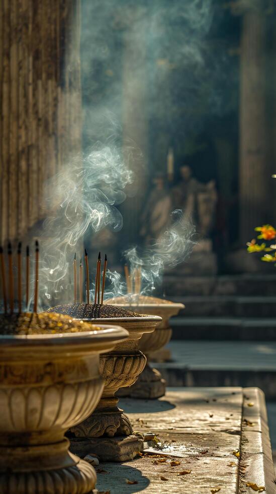 AI generated Historic Temple Incense Sticks Burning with Sculpture Background photo