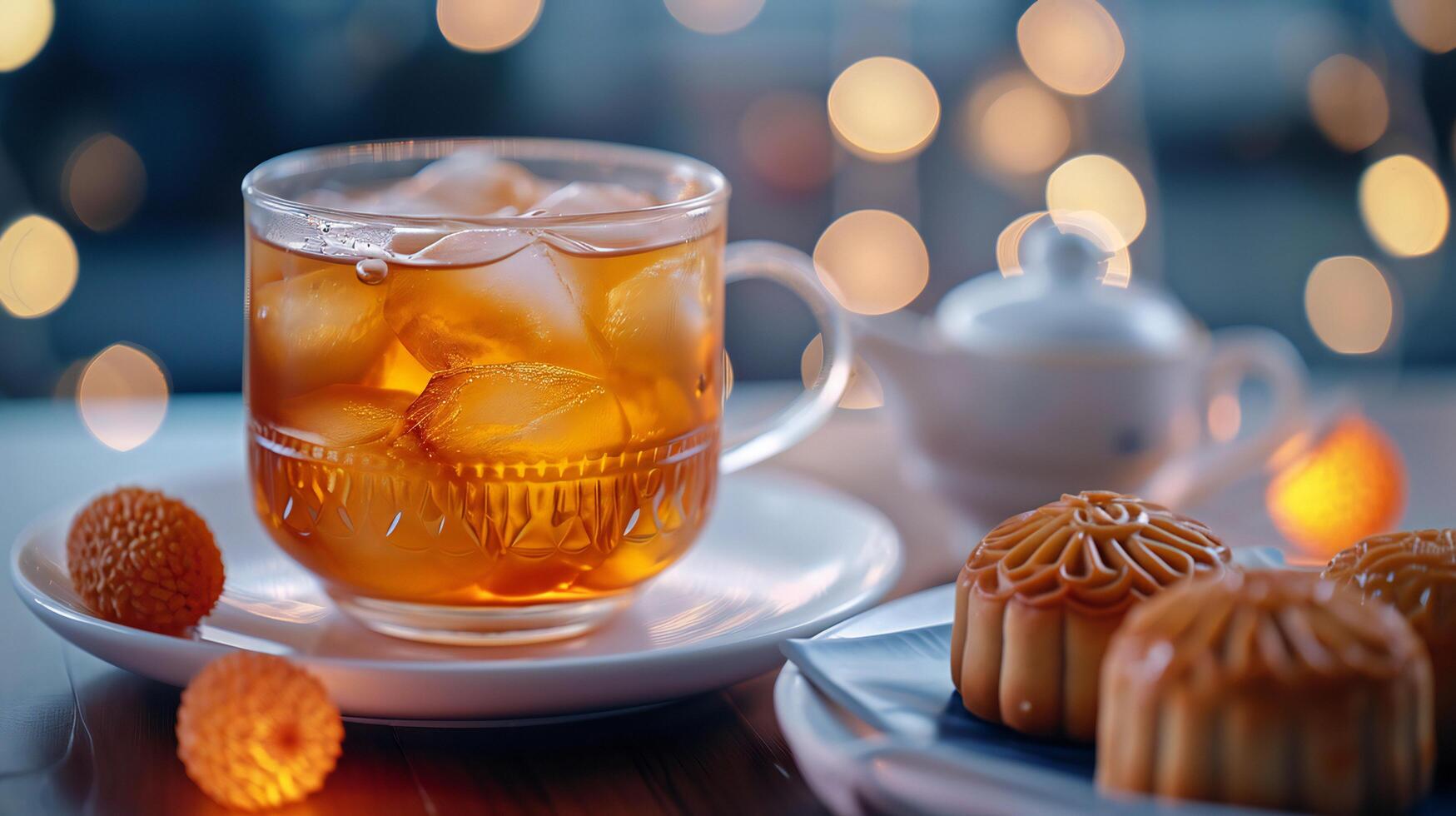 AI generated Iced Tea and Mooncakes under Twinkling Lights photo