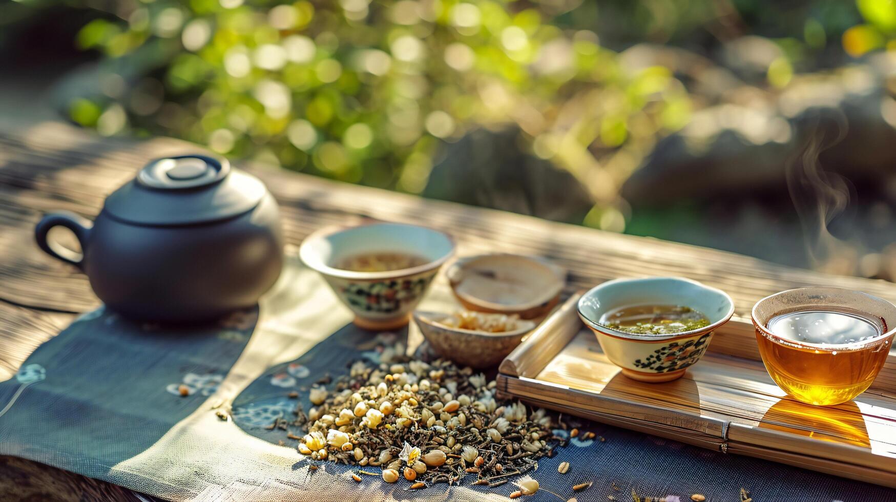 AI generated Soothing Herbal Tea Preparation in Sunlit Garden photo