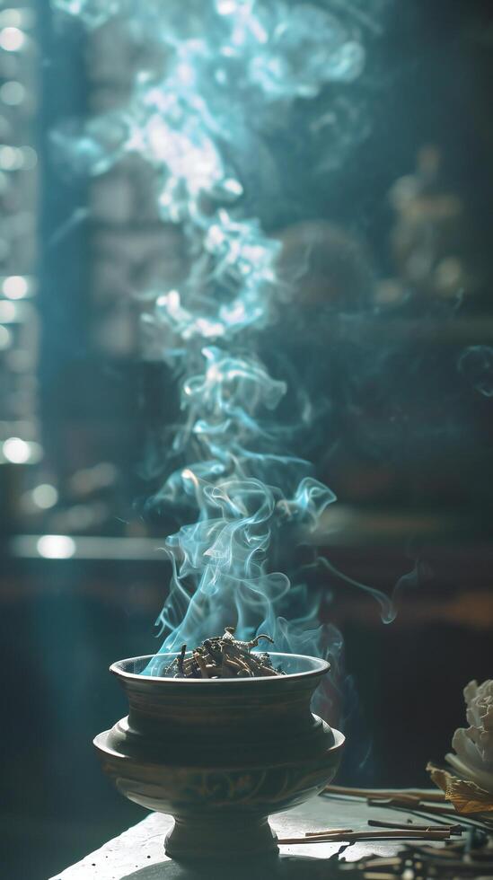 AI generated Intricate Incense Burner Emitting Whirls of Blue Smoke photo