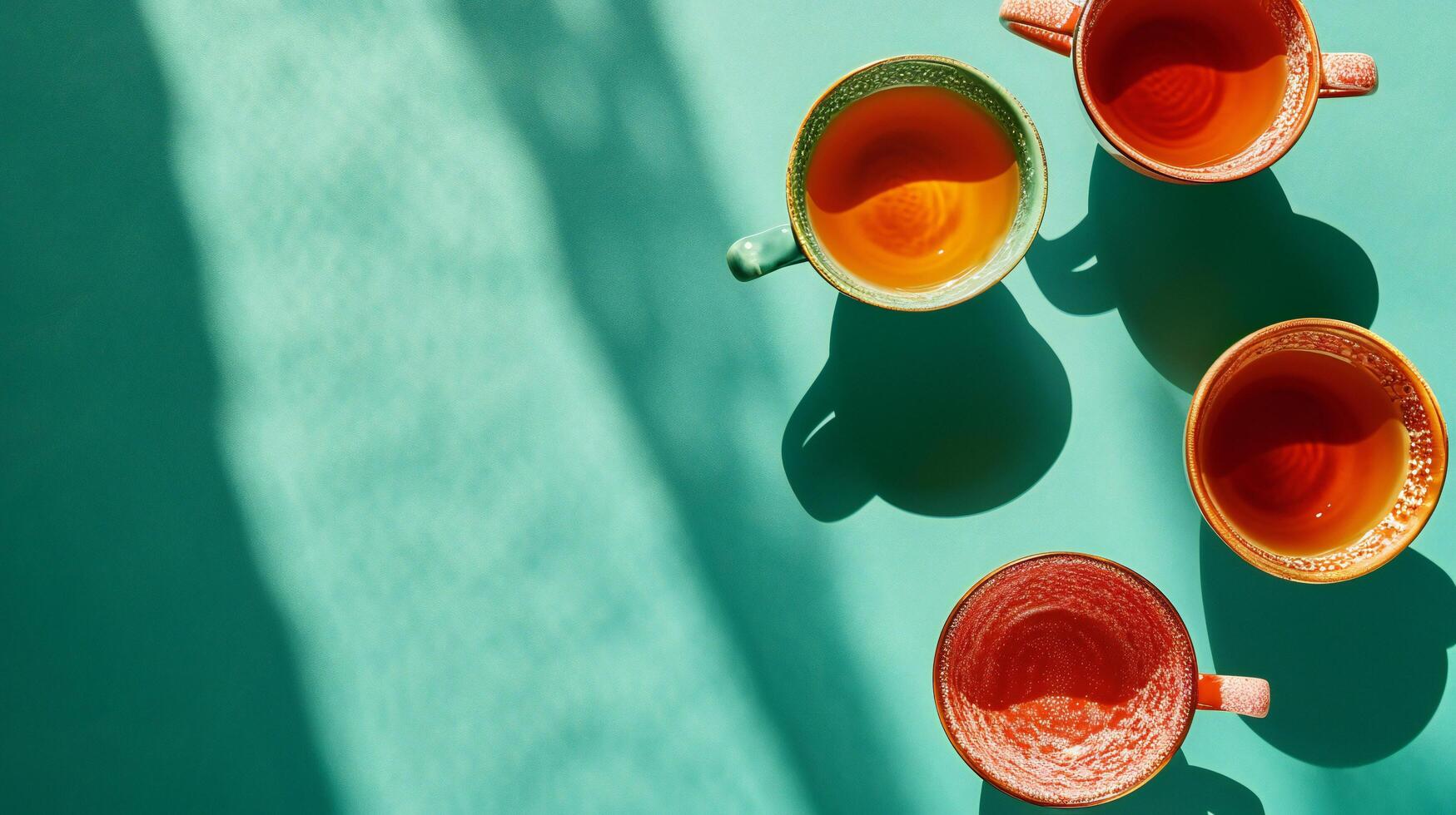 ai generado vibrante naranja té tazas fundición oscuridad en azul foto