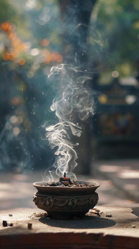 AI generated Incense Smoke Spiraling Up from a Stone Bowl photo