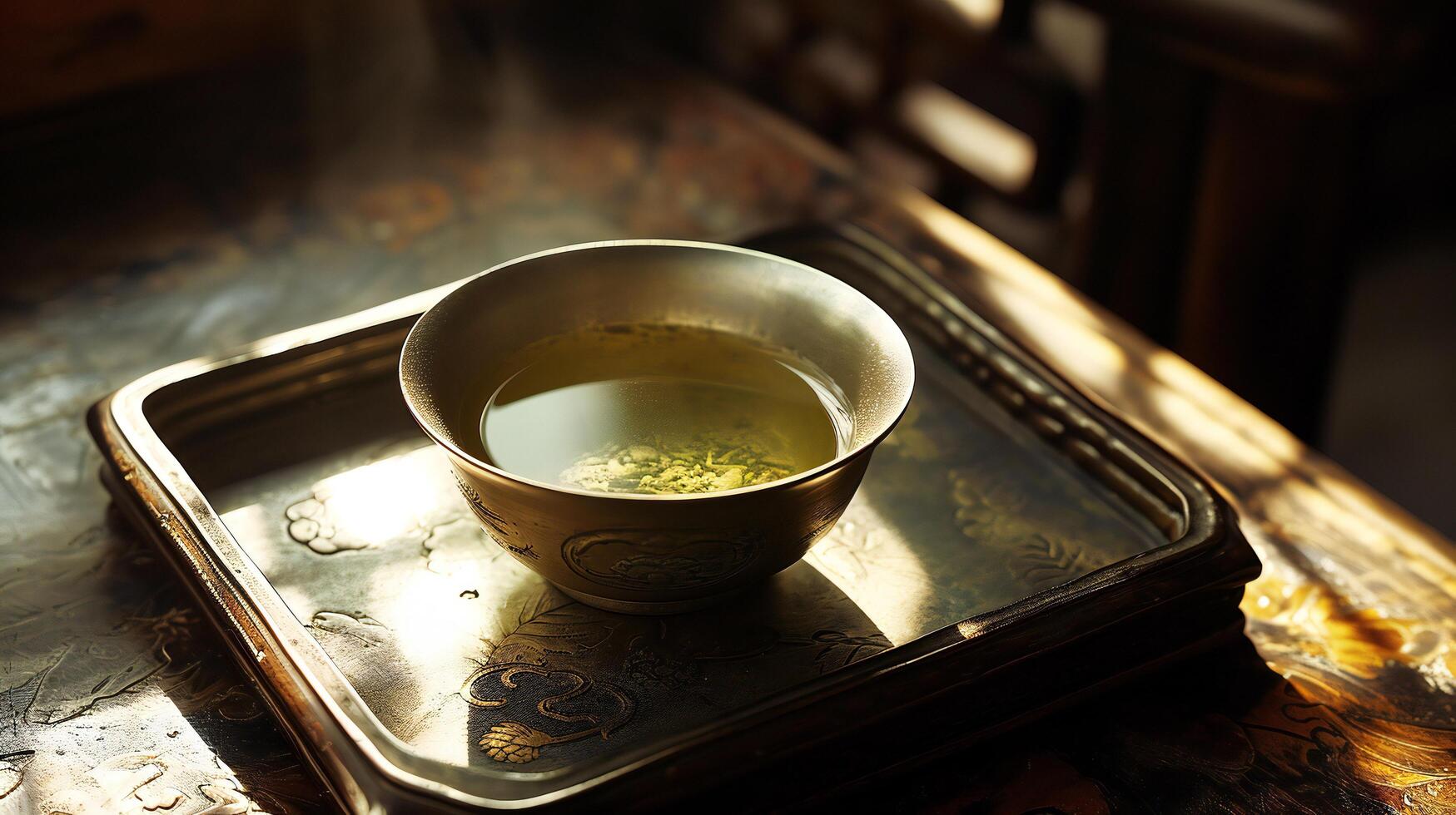 AI generated Reflective Tea Time in a Vintage Golden Tray photo