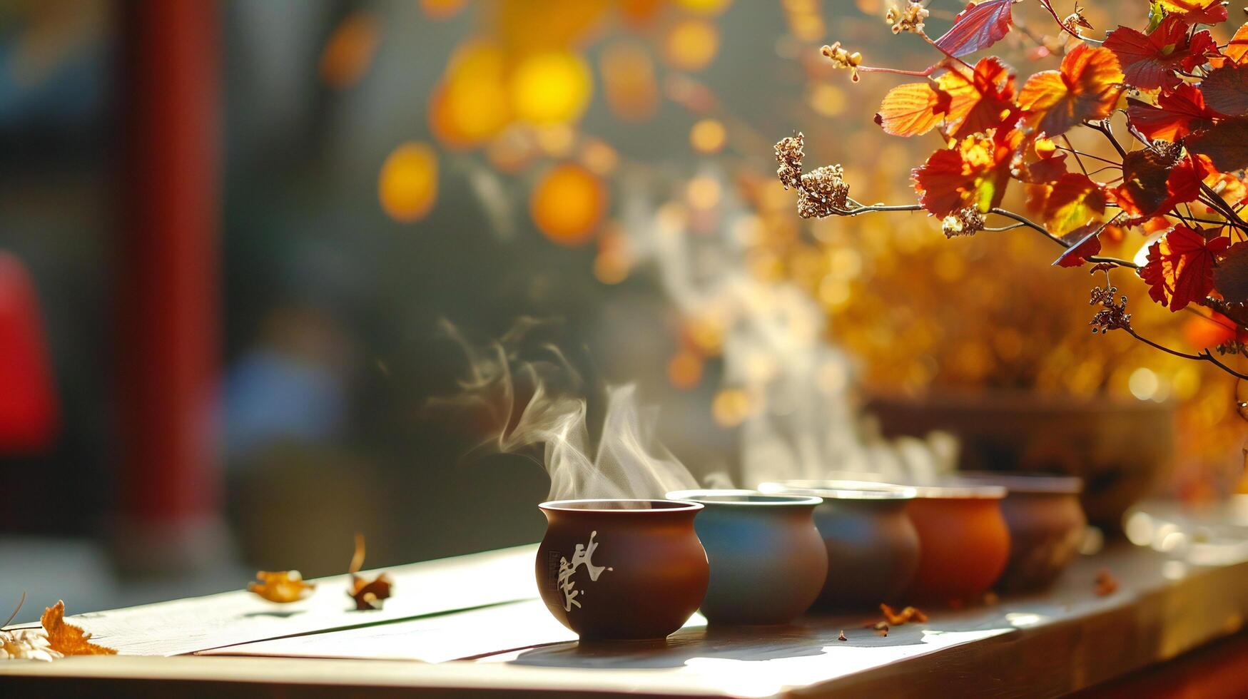 AI generated Warm Autumn Tea Service on Wooden Table Outdoors photo