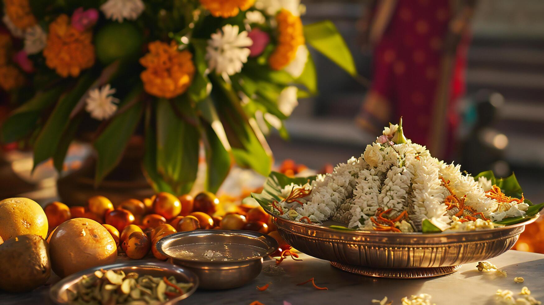 AI generated Cultural Elegance with Marigolds and Ritualistic Offerings photo