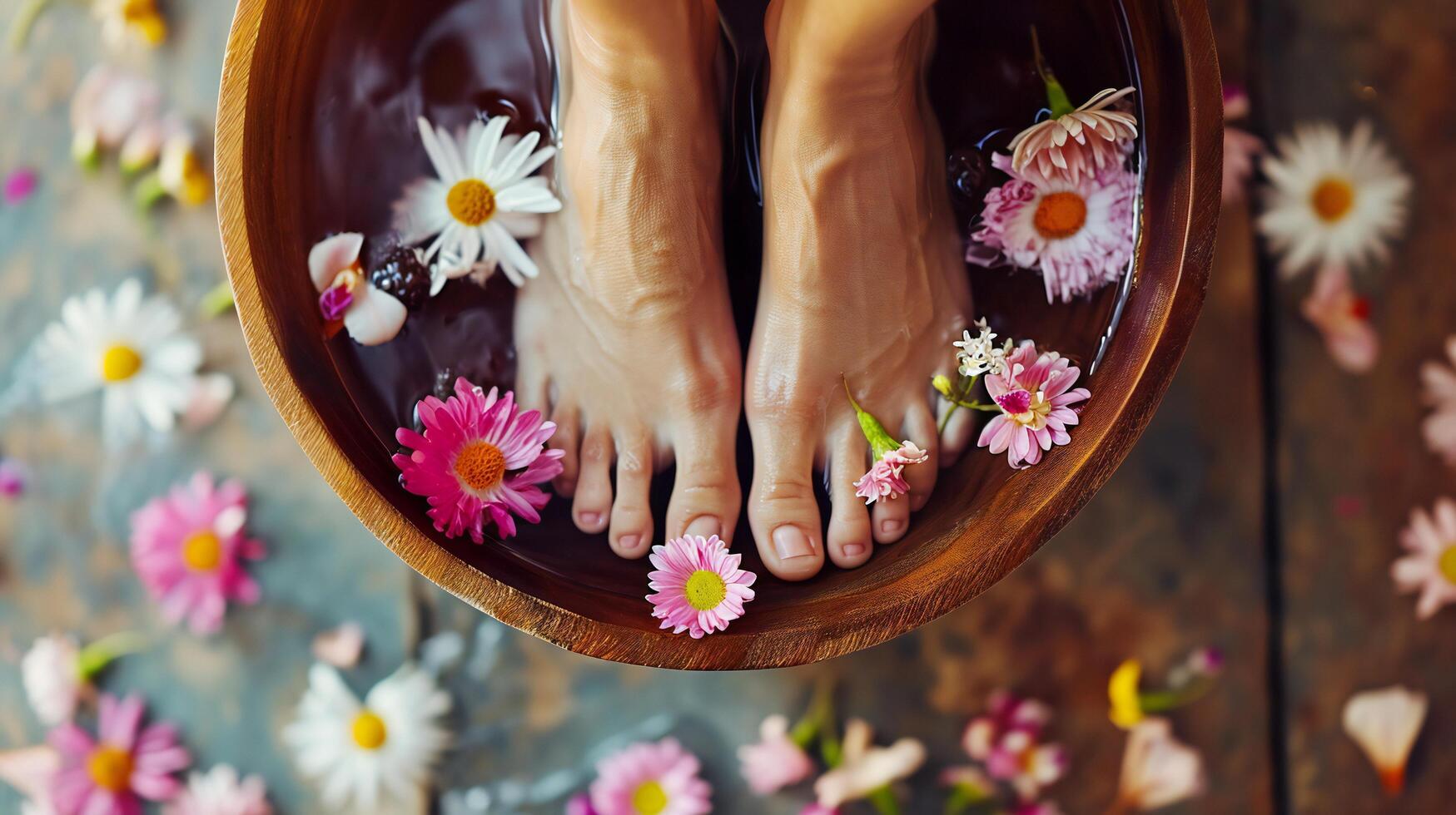 AI generated Top View of Relaxing Floral Foot Spa Treatment photo