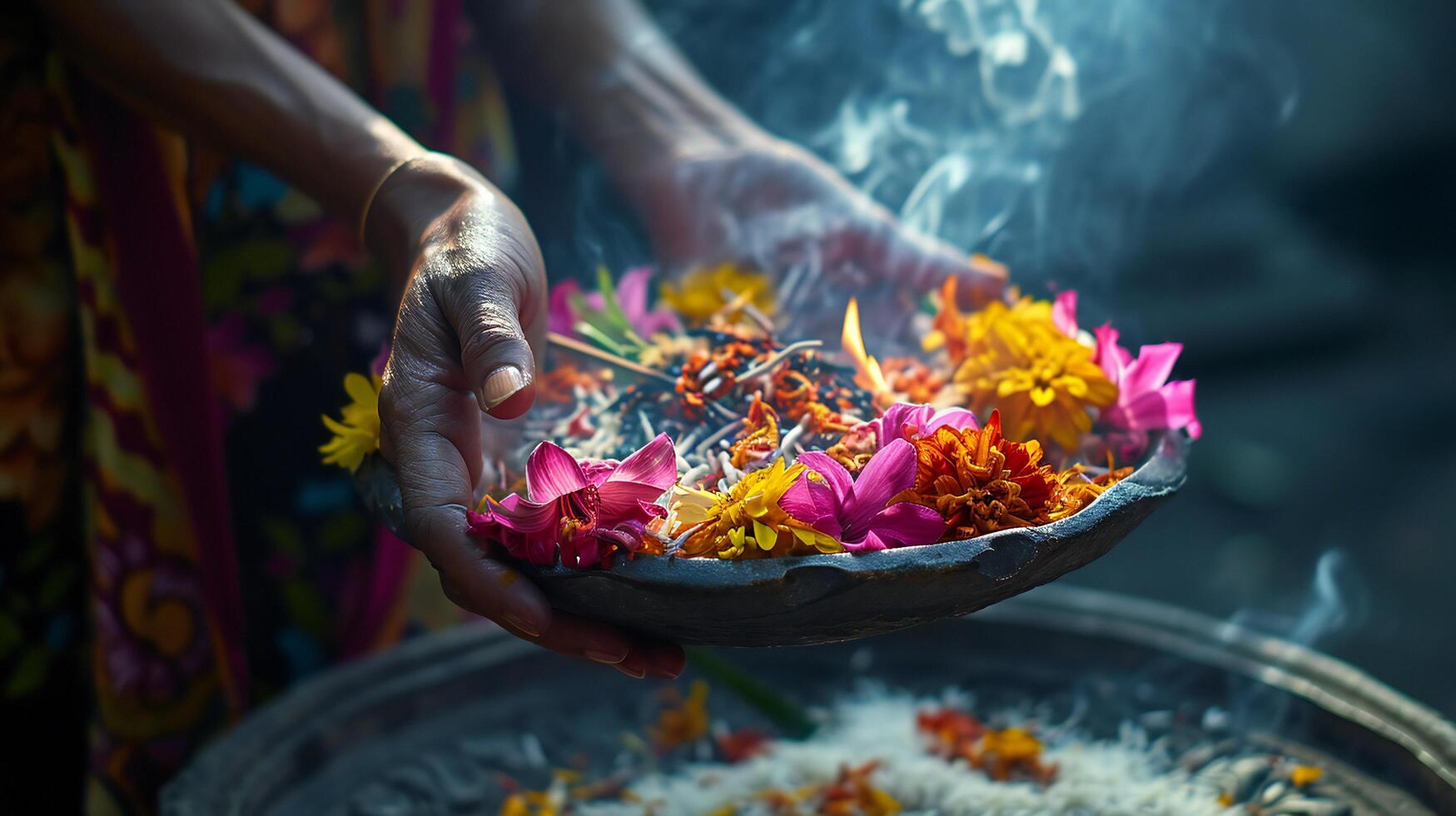 ai generado tradicional floral arreglo en un arcilla maceta para cultural rituales foto