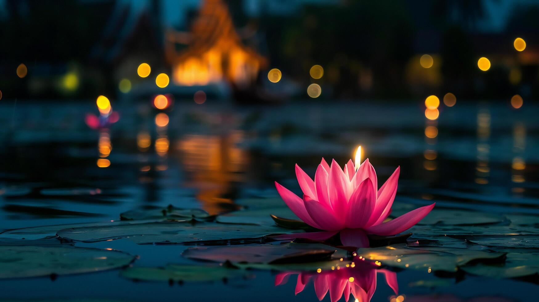 AI generated Pink Lotus Flower Candle Floating on a Serene Pond at Night photo