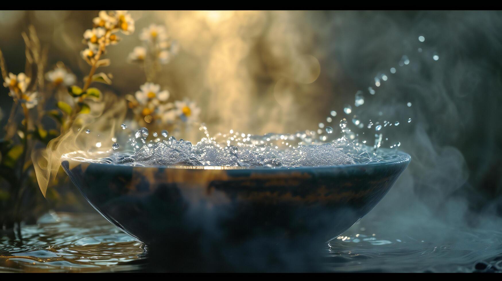 AI generated Sunset Glow on Water Bowl Amidst White Flowers photo