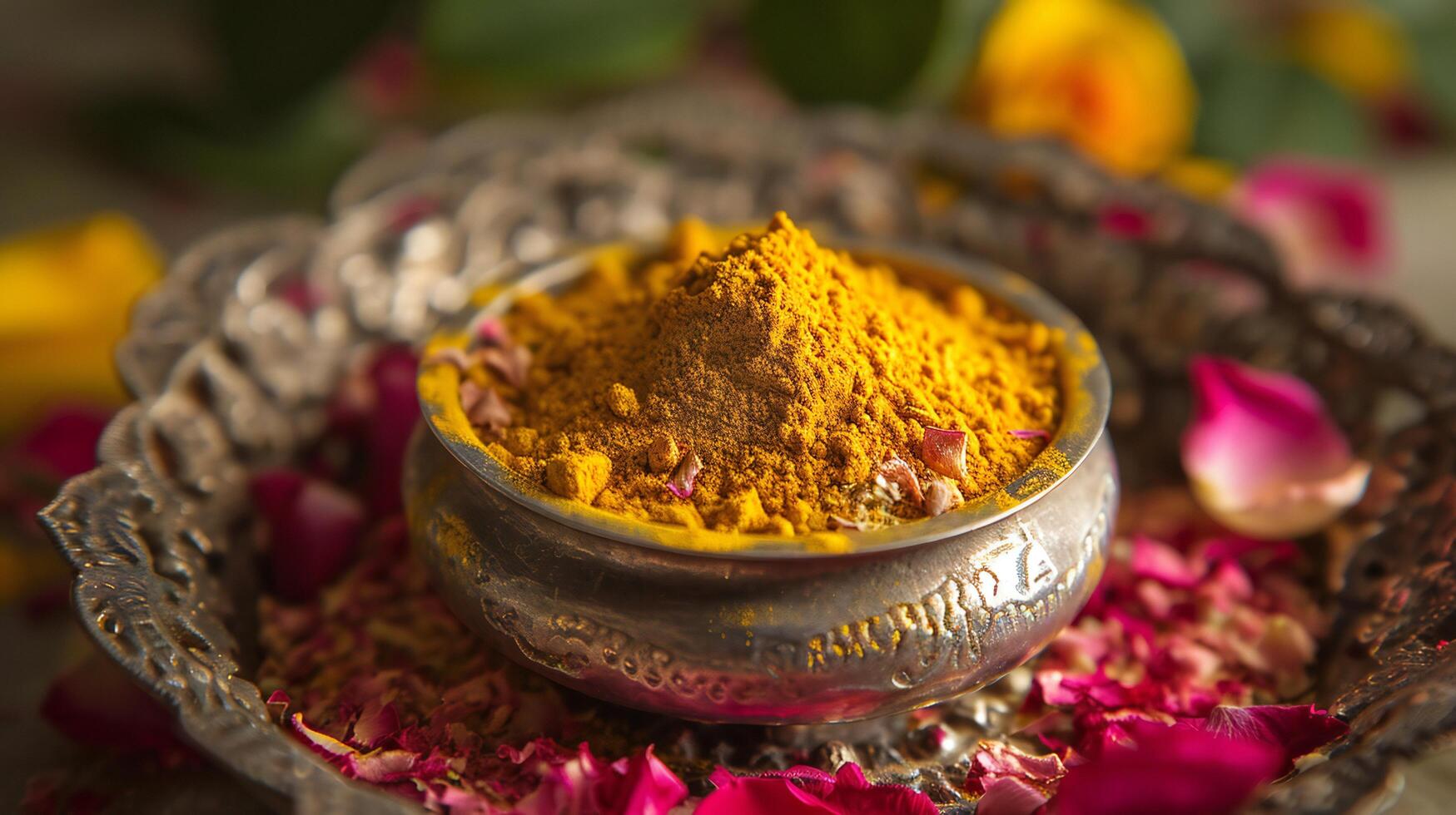 AI generated Traditional Turmeric Powder in Decorative Metal Bowl photo