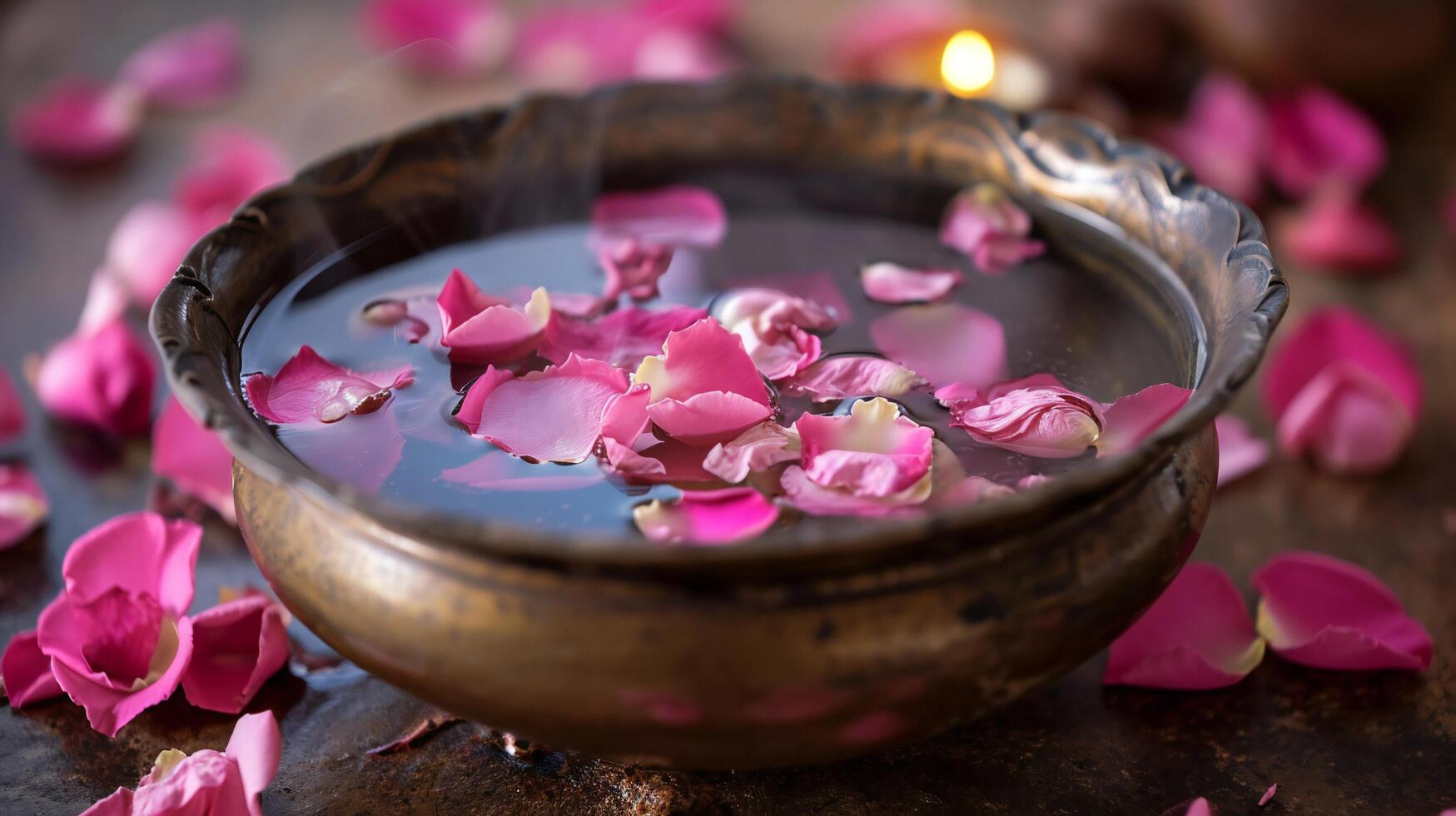 AI generated Tranquil Rose Petals Adorning Water in Antique Bowl photo