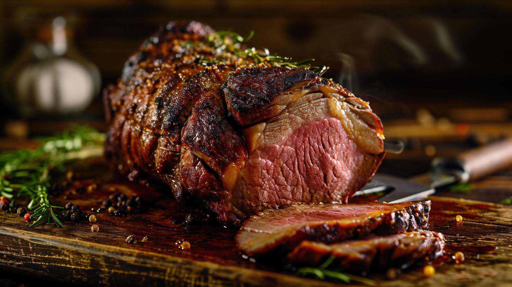 AI generated Succulent Sliced Beef Roast on Rustic Board photo
