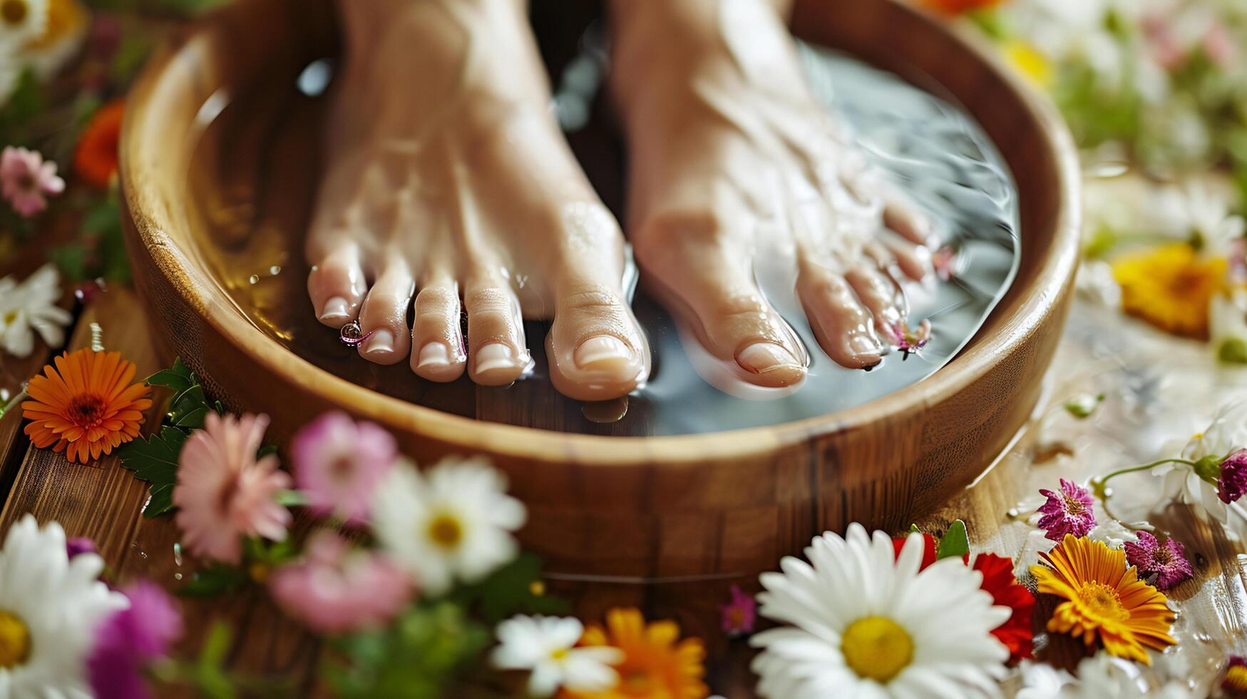 ai generado calmante pie bañera con vibrante flores y calentar agua foto