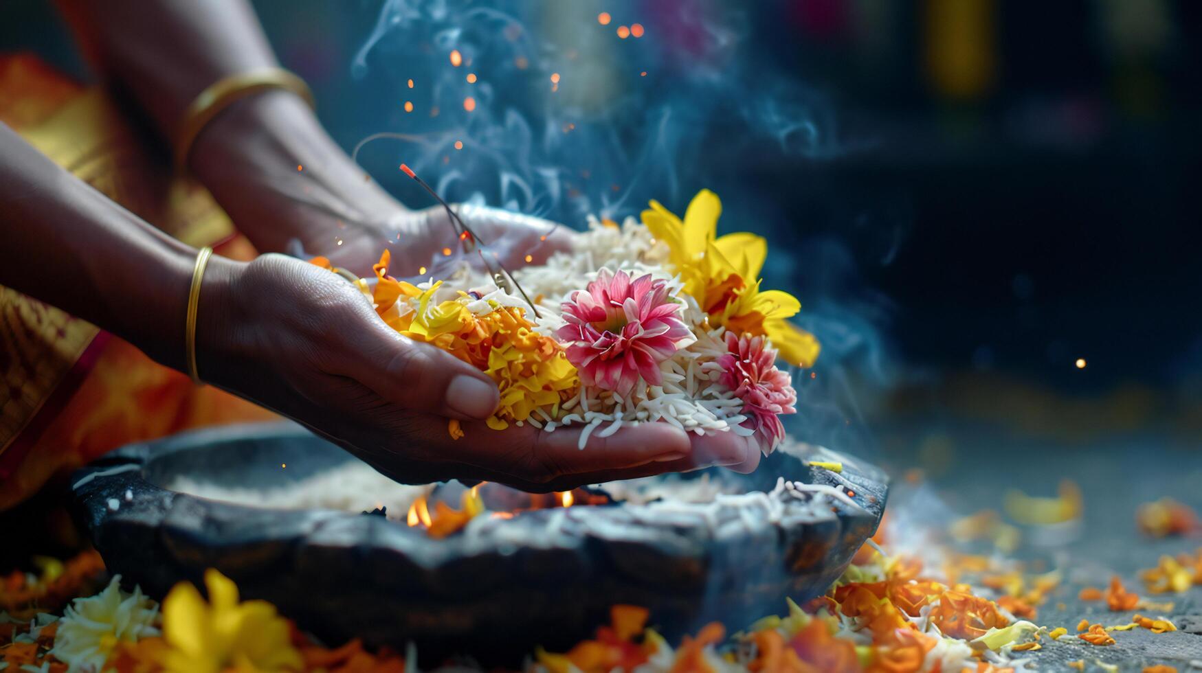 AI generated Vibrant Flower Offerings in a Ritual Ceremony with Smoke photo