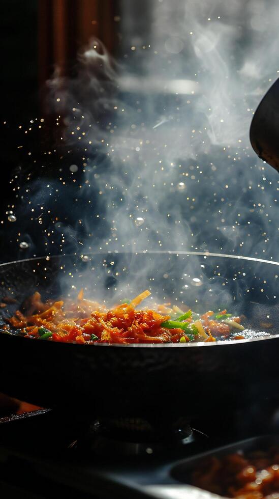 ai generado candente remover freír con brillante chispas en hierro wok foto