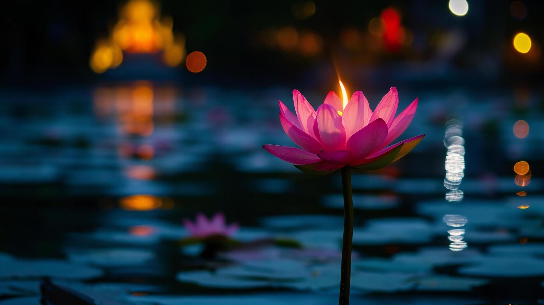 AI generated Single Lit Lotus Flower on Calm Water at Dusk photo