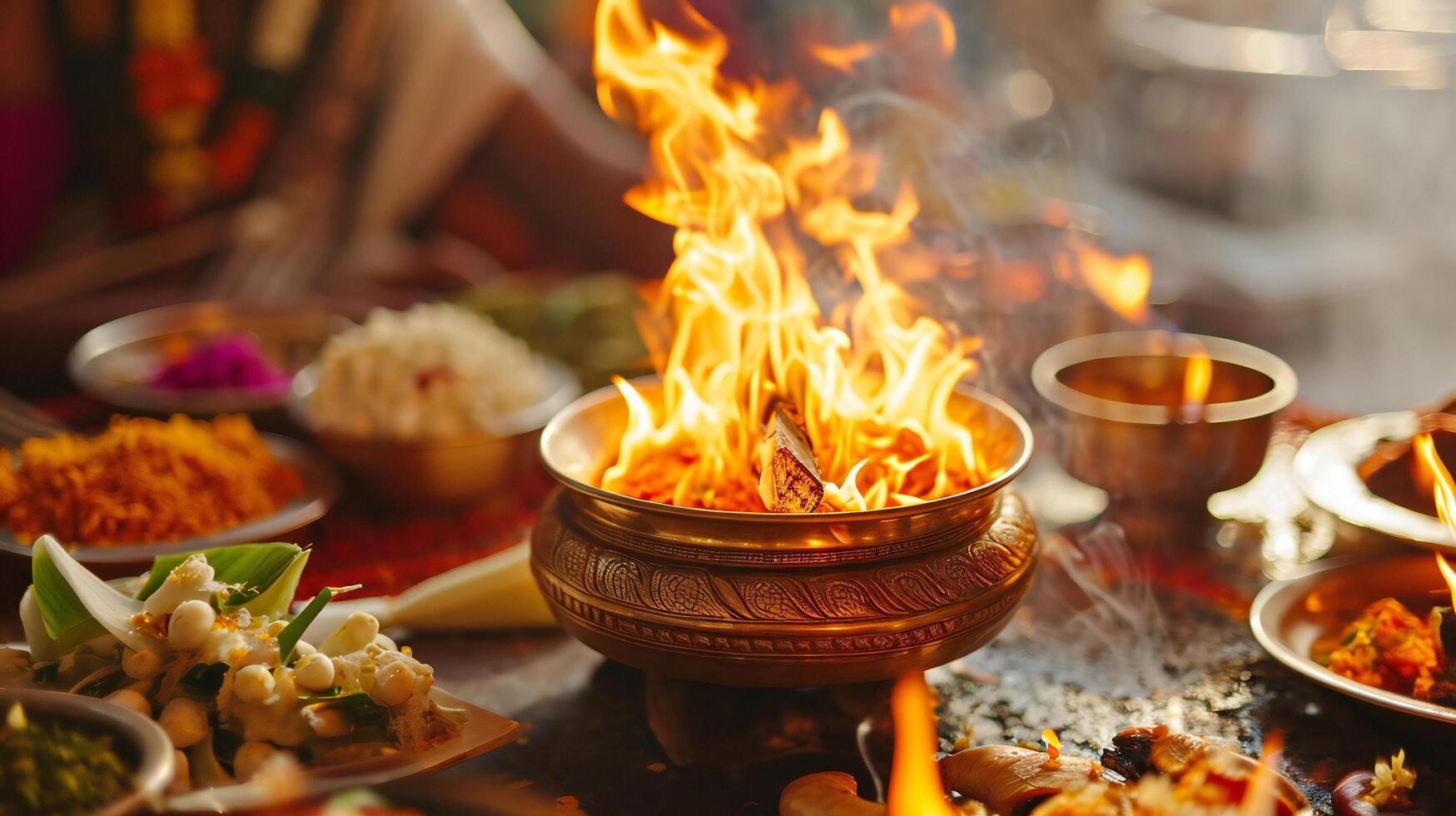 AI generated Traditional Indian Ritual Fire with Offerings photo