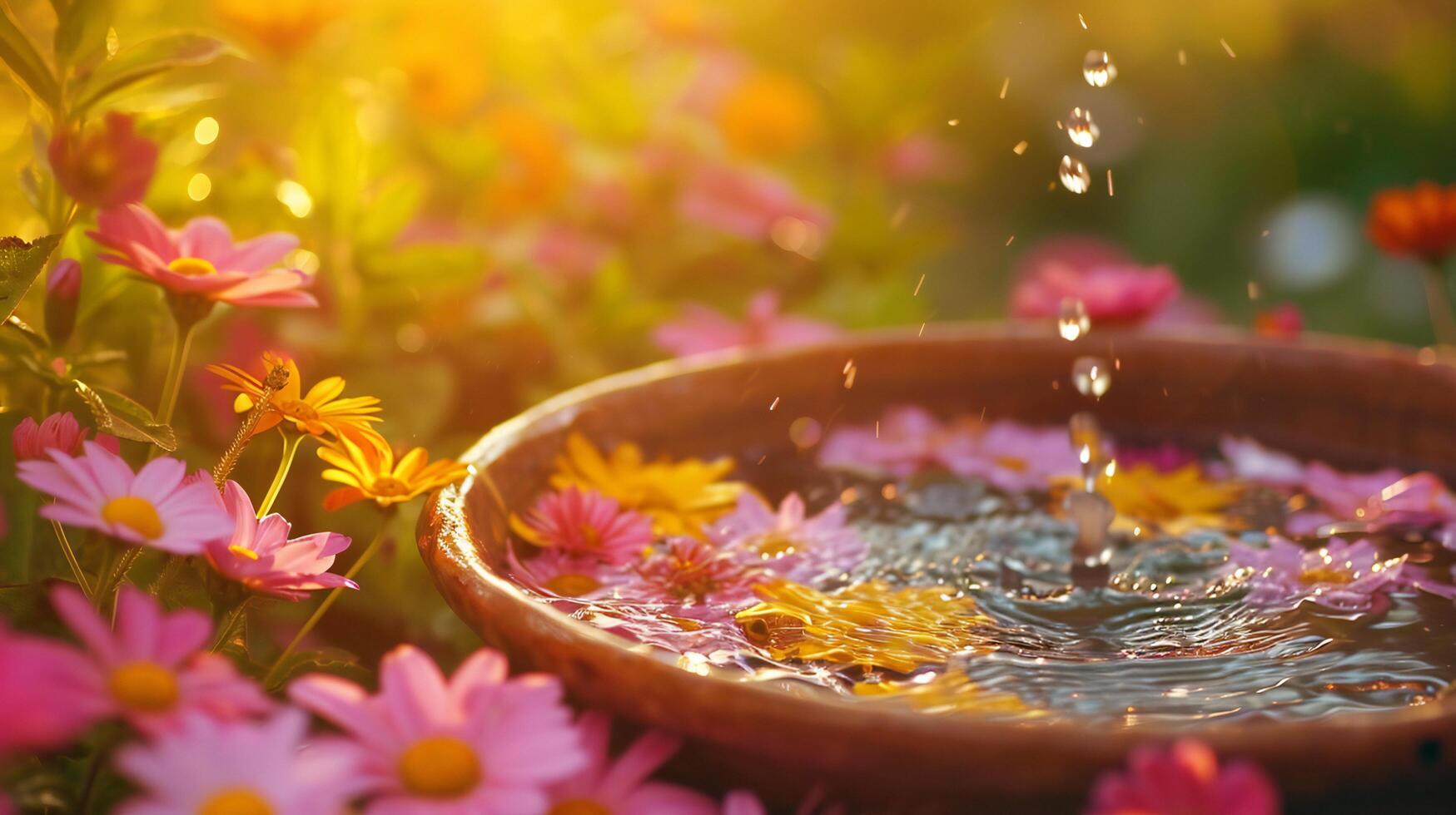 ai generado puesta de sol resplandor en agua con flotante margaritas en arcilla cuenco foto