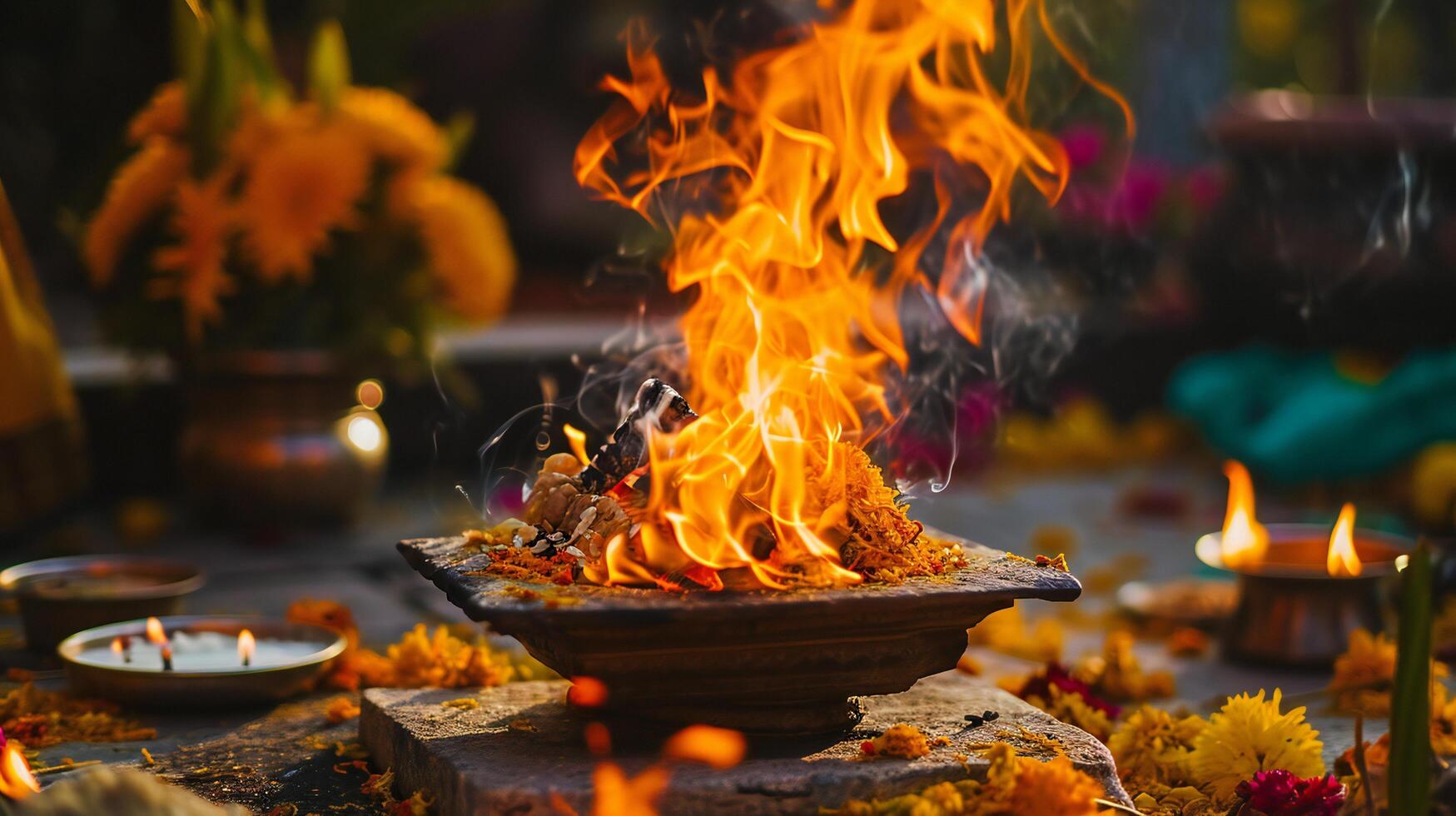 AI generated Traditional Ritual Fire Amidst Floral Offerings photo