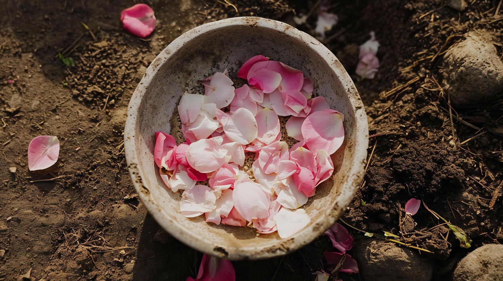 AI generated Pale Pink Rose Petals in a Sunlit Clay Bowl photo