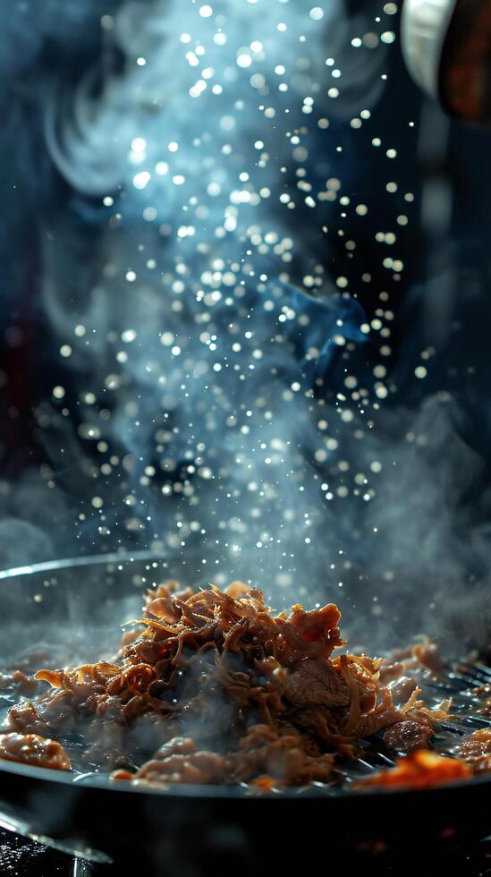 AI generated Steaming Hot Noodles Tossed in a Traditional Wok photo