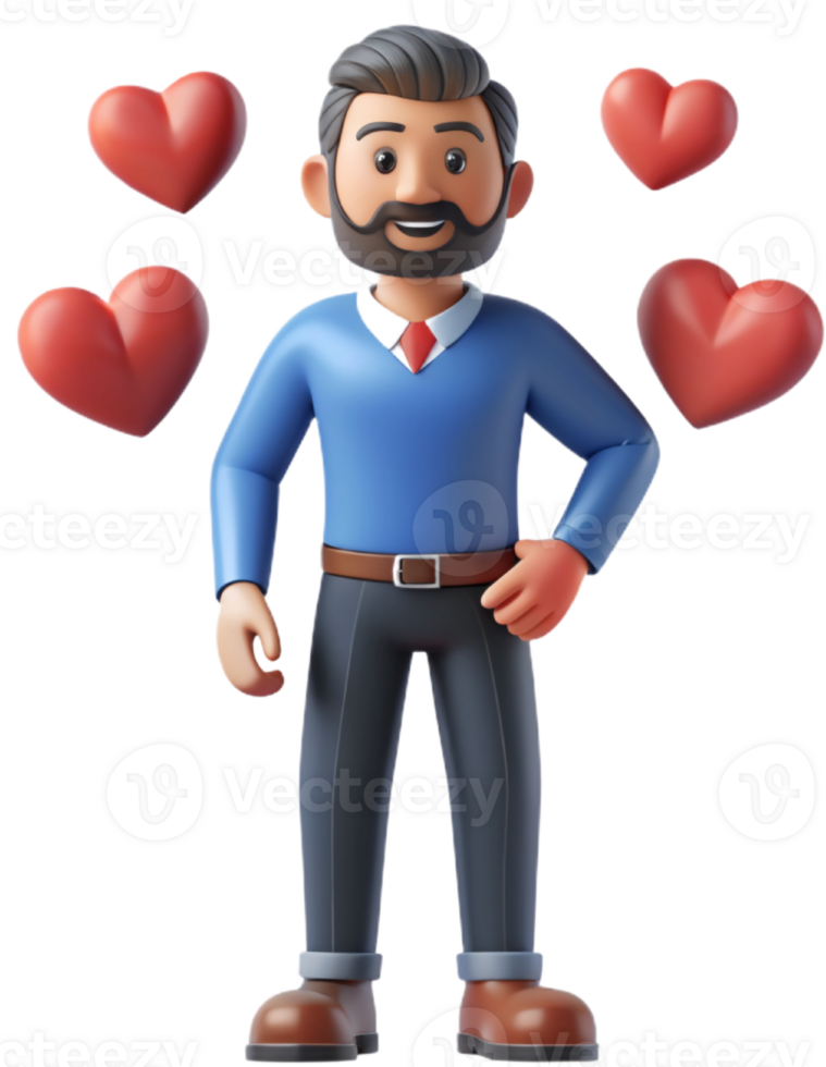 3d illustration cartoon cute man character with heart png