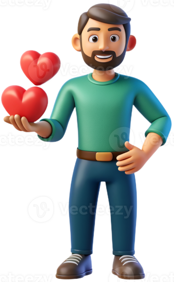 3d illustration cartoon cute man character with heart png