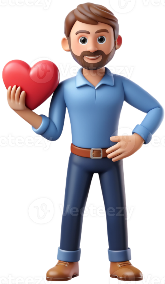 3d illustration cartoon cute man character with heart png