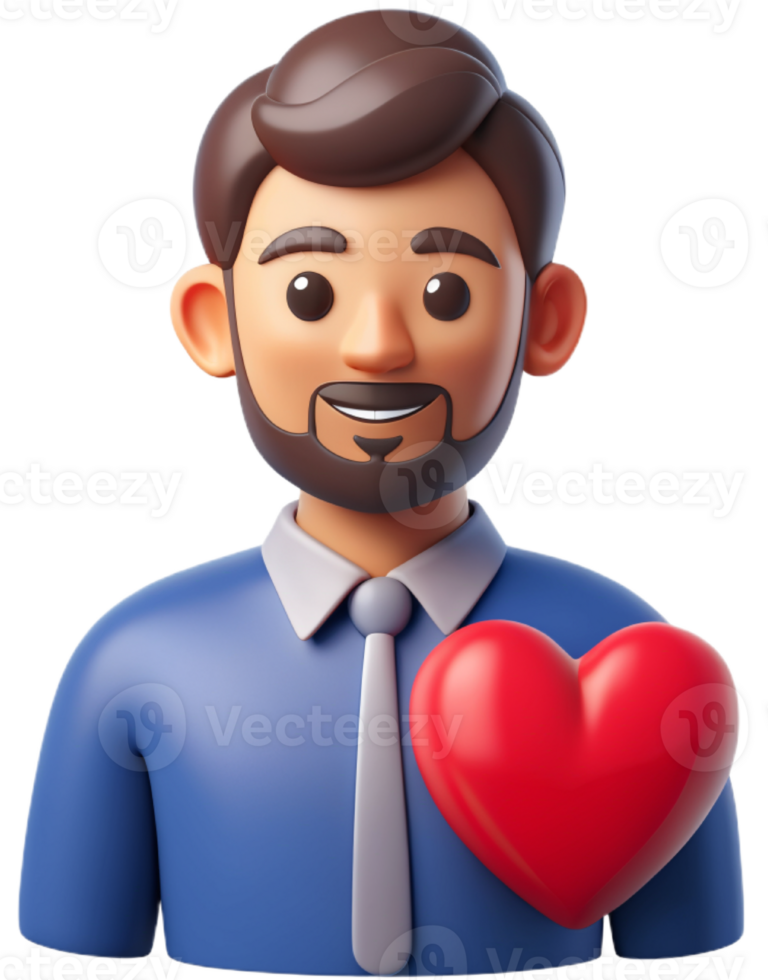 3d illustration cartoon cute man character with heart png