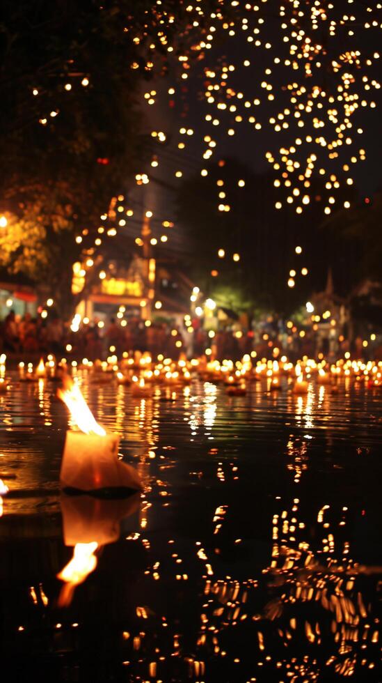 AI generated Magical Night Sky Mirrored by Countless Floating Candles photo