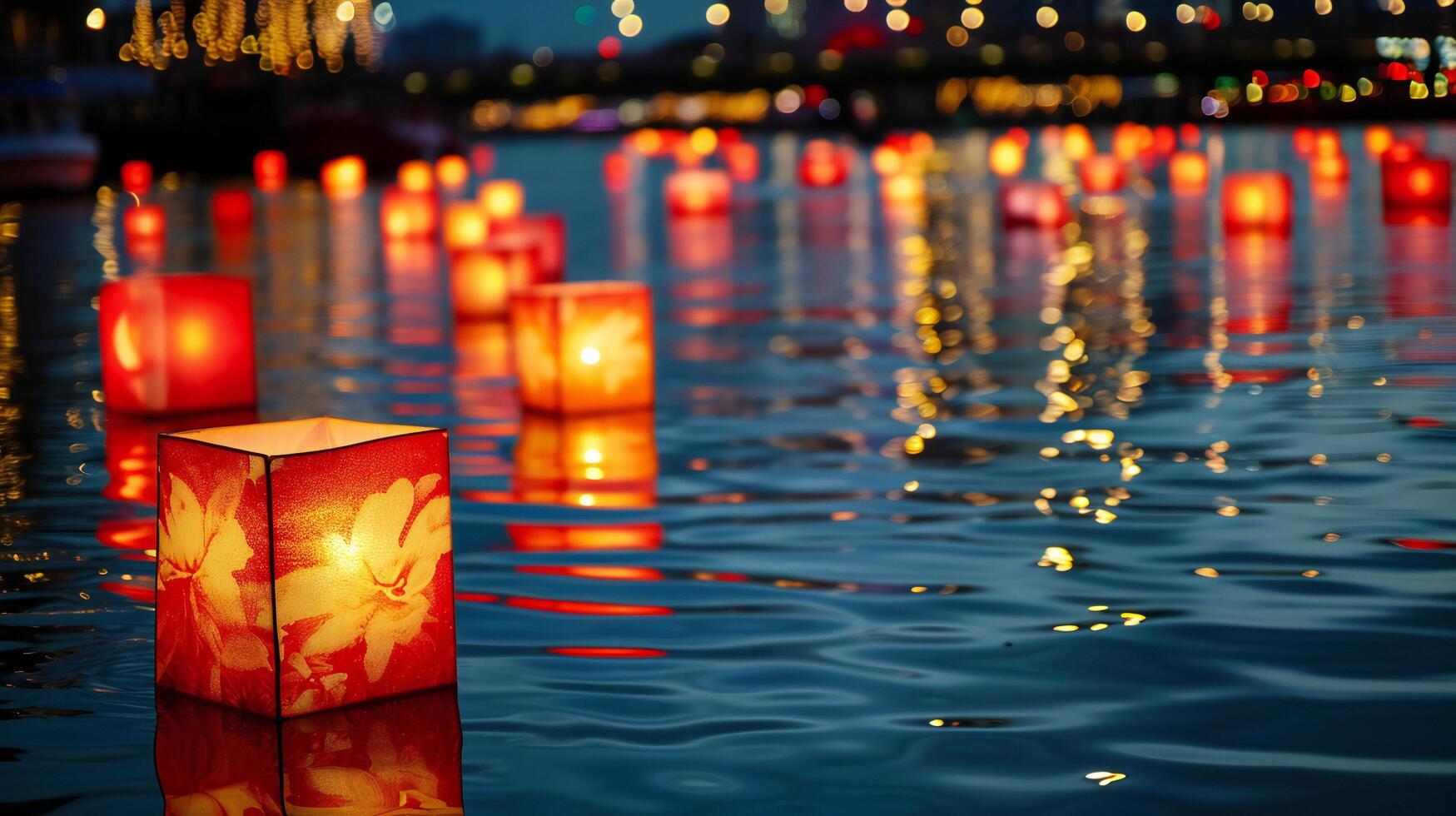 AI generated Evening Glow on Water with Floating Lanterns photo