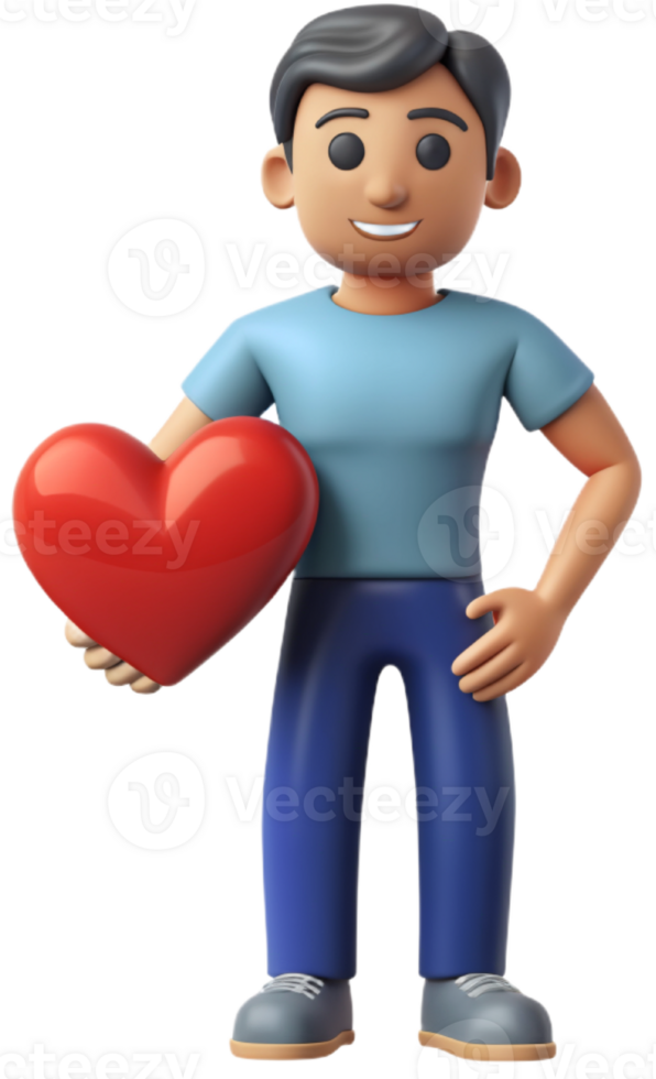 3d illustration cartoon cute man character with heart png