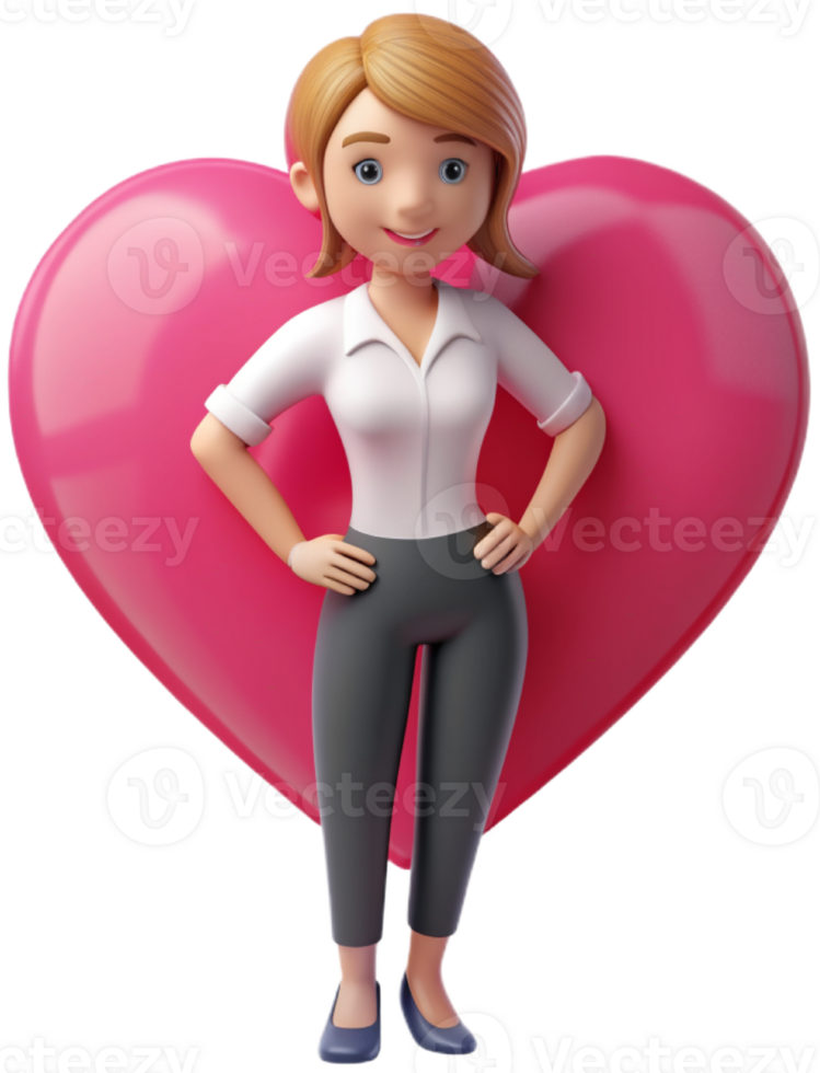 3d illustration cartoon cute woman character with heart png