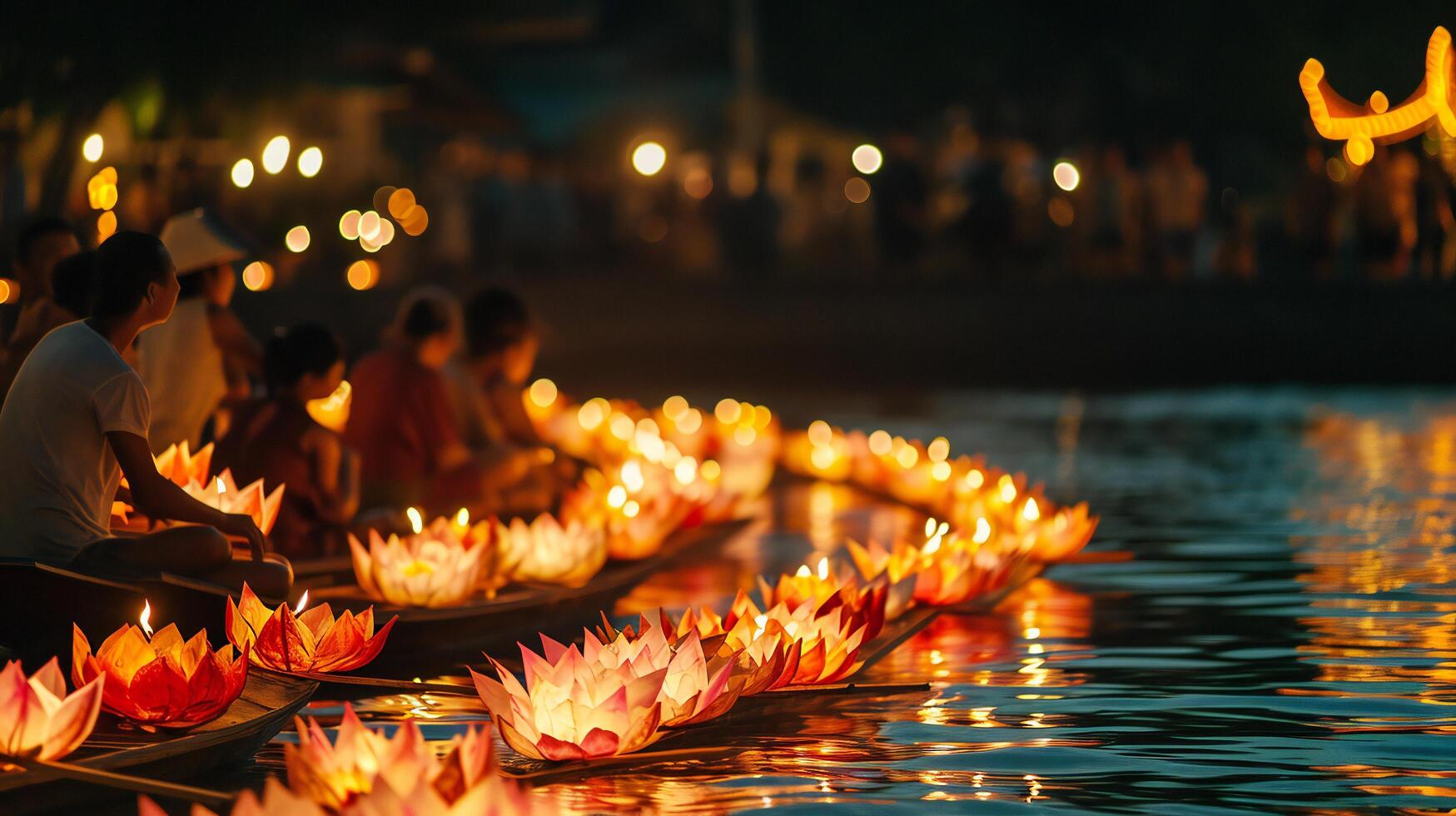 AI generated Row of Lotus Lanterns on a Cultural River Parade photo