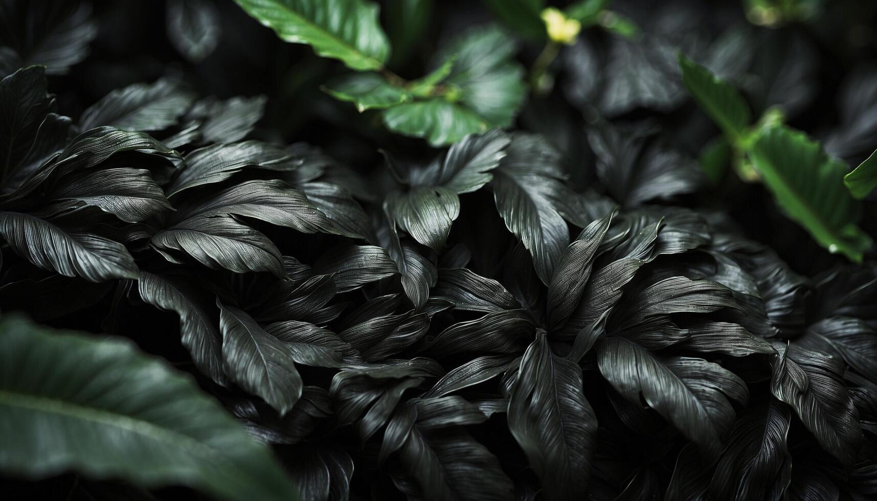 AI generated black tropical leaves on black background. photo