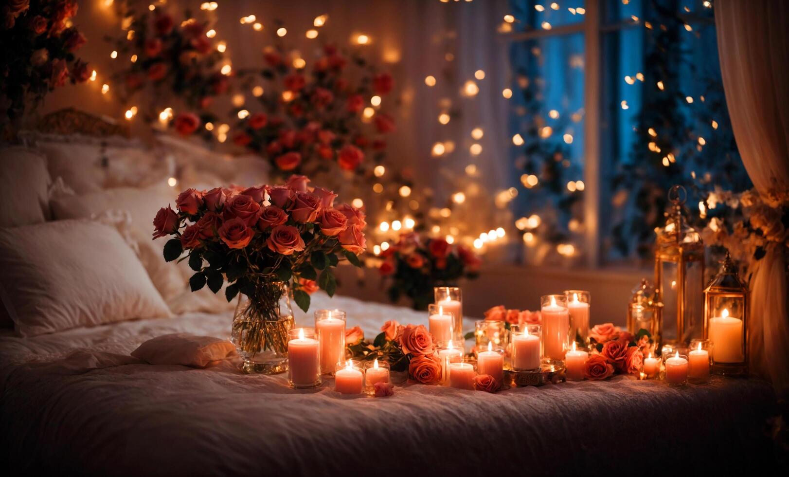 AI generated Closeup view on a bunch of red roses on the bed. Against the background of burning candles. The atmosphere is cozy and beautiful. photo