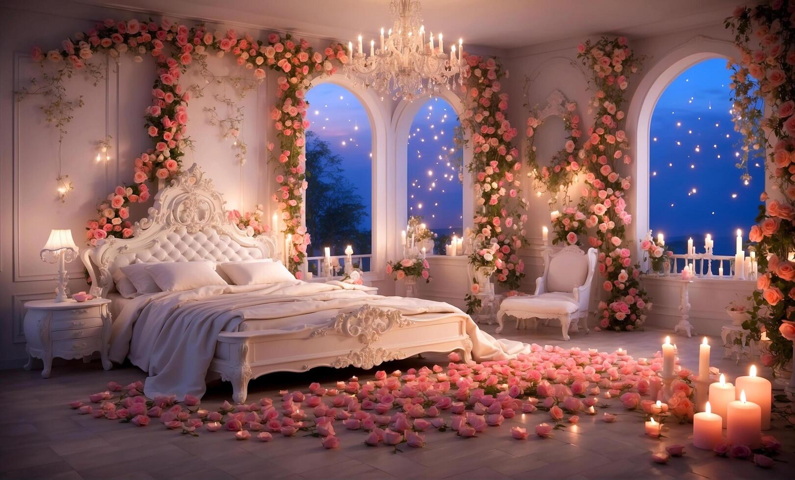 AI generated Modern dark bedroom with Valentine atmosphere with Roses and Heart Balloons photo