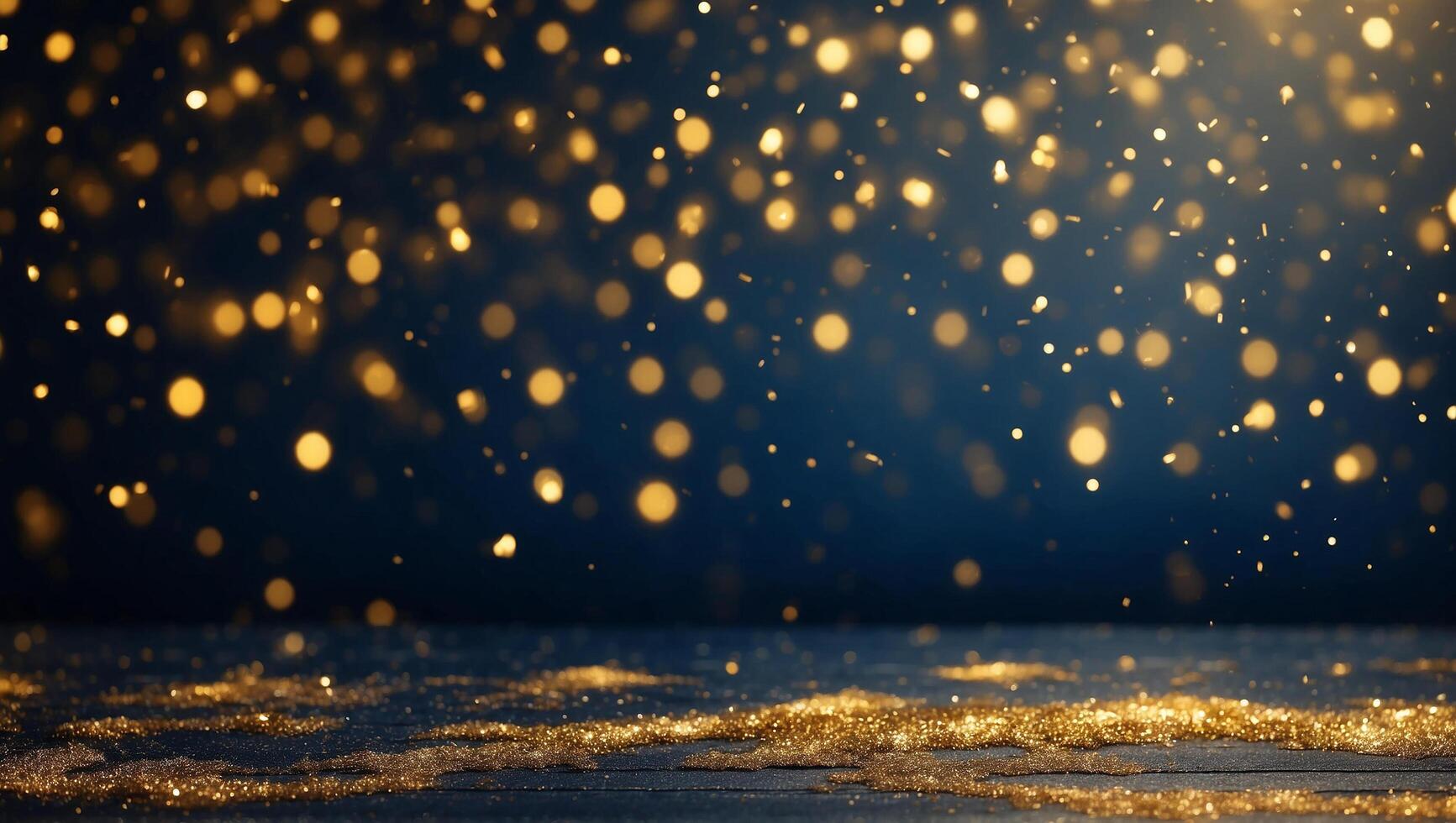 AI generated Abstract particle background with golden sparkling and glowing gold stars. Christmas glow on bokeh background. Gold foil texture background. photo