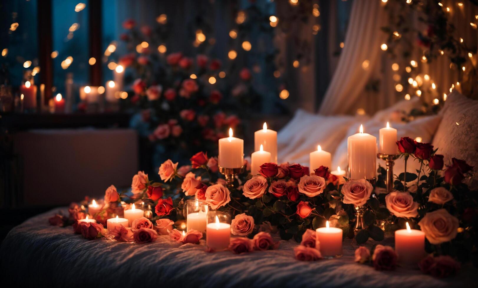 AI generated Closeup view on a bunch of red roses on the bed. Against the background of burning candles. The atmosphere is cozy and beautiful. photo