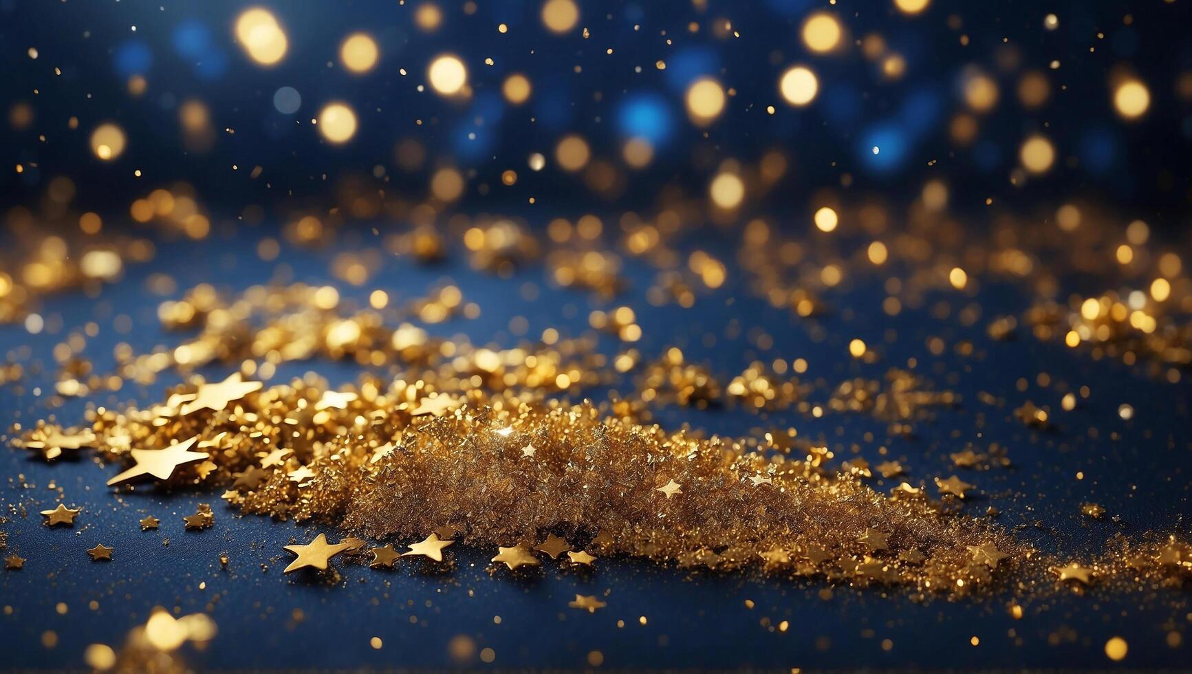 AI generated Abstract particle background with golden sparkling and glowing gold stars. Christmas glow on bokeh background. Gold foil texture background. photo