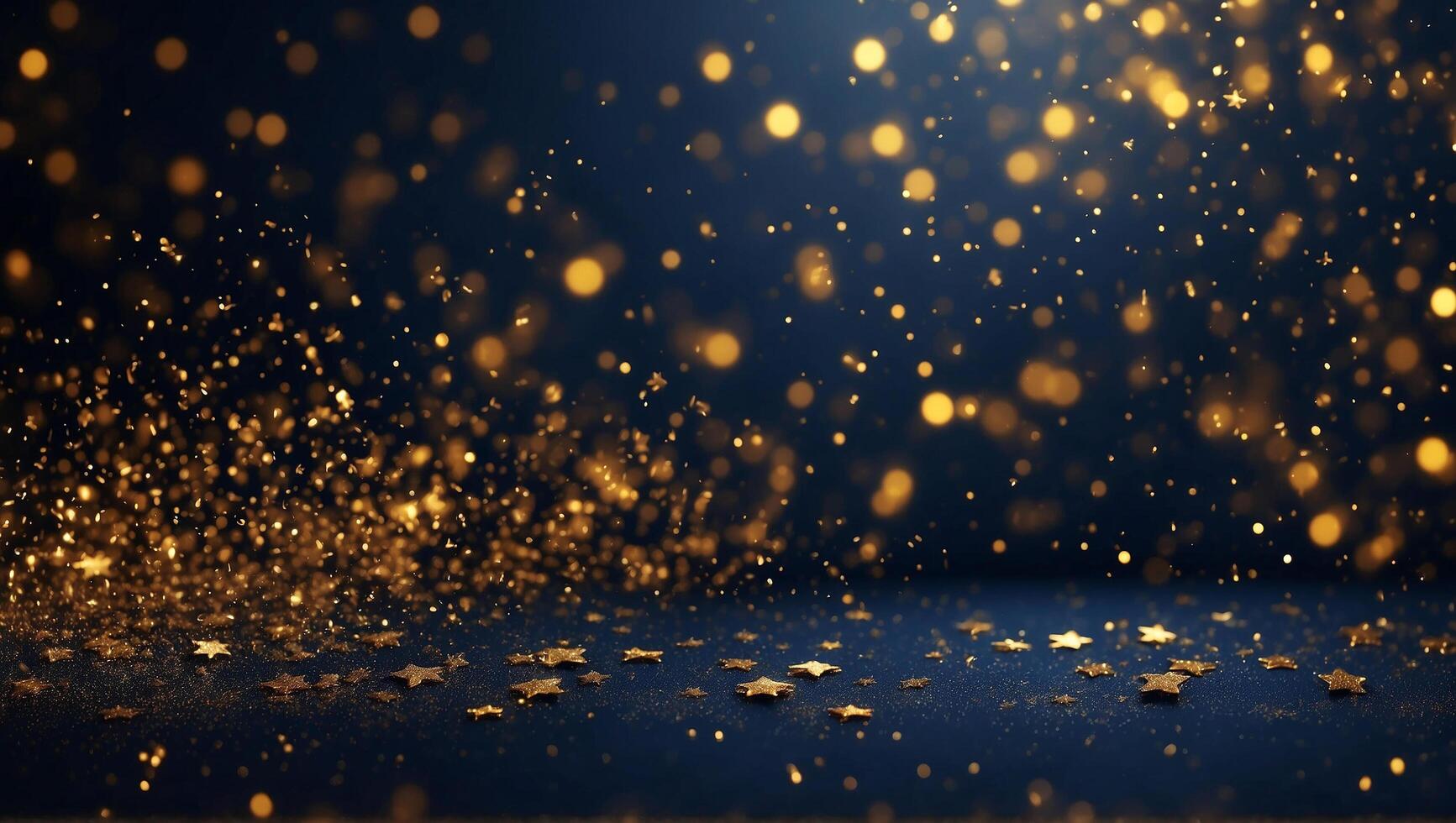 AI generated Abstract particle background with golden sparkling and glowing gold stars. Christmas glow on bokeh background. Gold foil texture background. photo